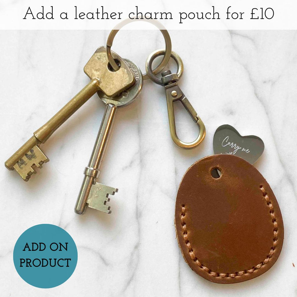 personaised engraved heart token keyring pouch in leather