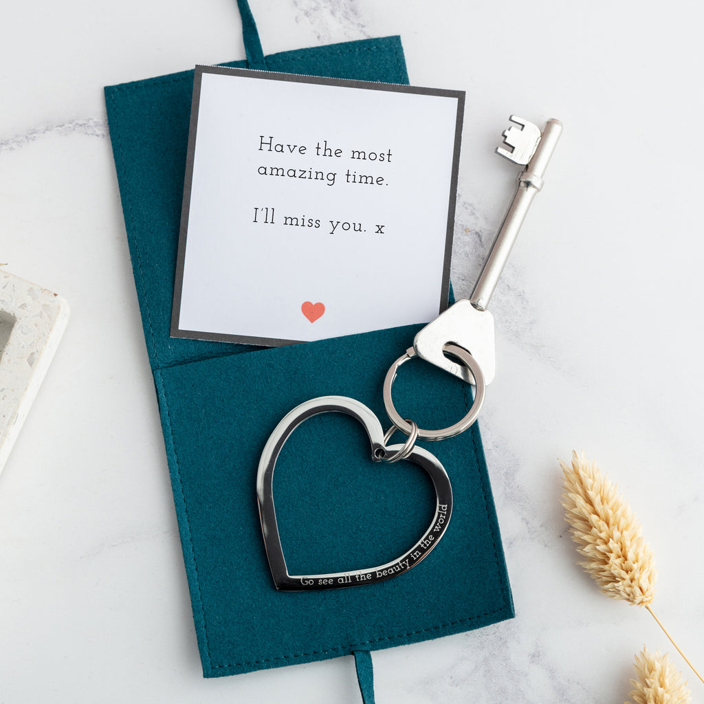 Personalised silver engraved heart keyring with message card