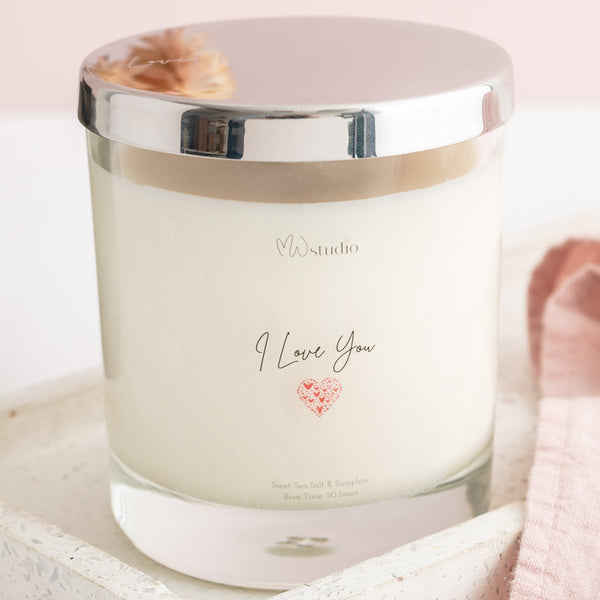Candle with 'I Love you' label and personalised engraved lid