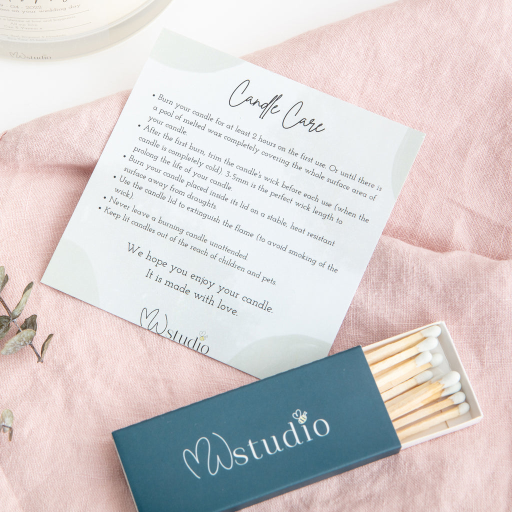 MW Studio Candle Care card and matches