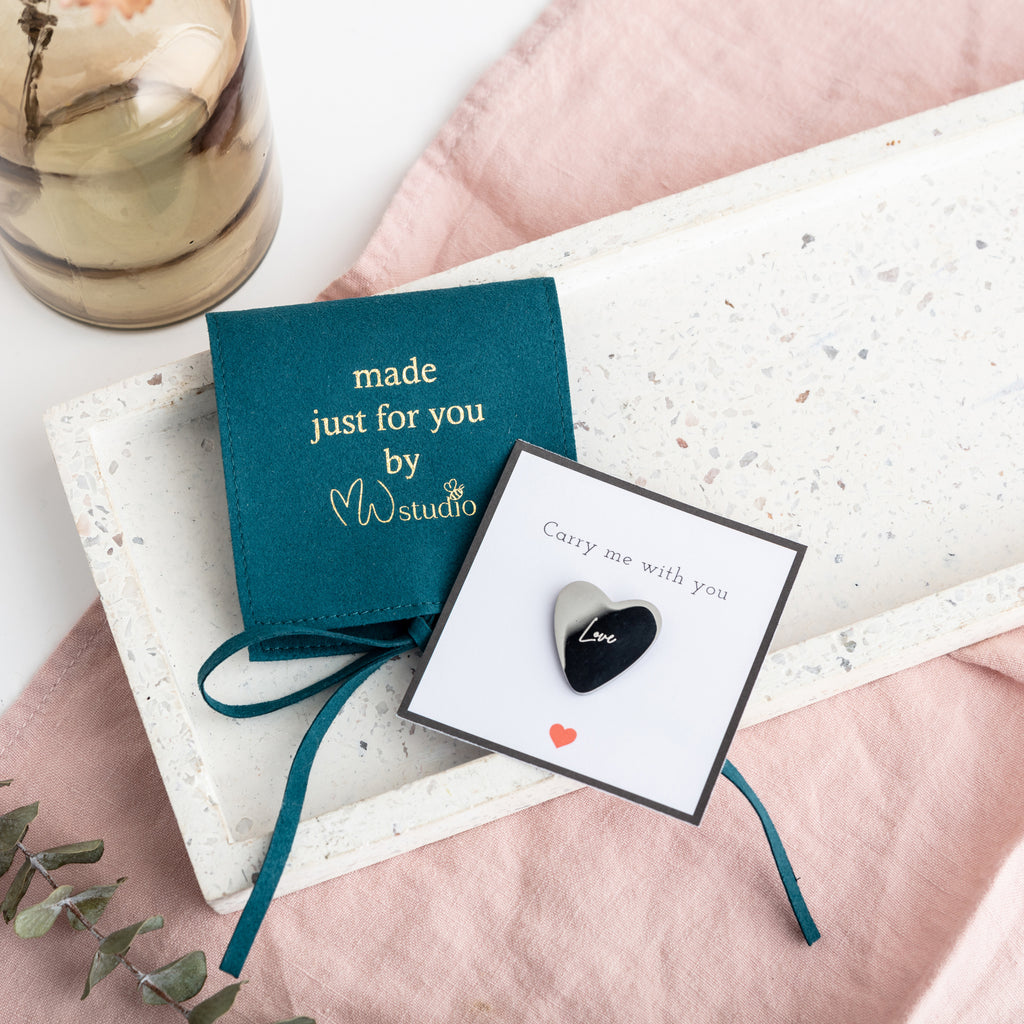 Heart Pocket charm engraved with the word Love
