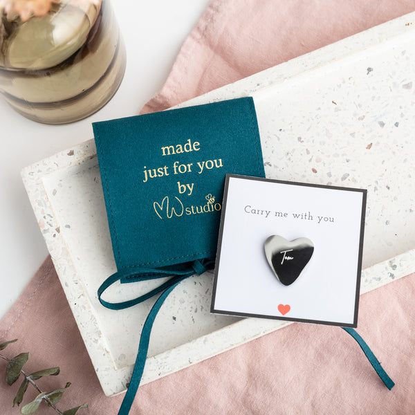 Silver personalised engraved heart pocket charm token engraved with the name Tom